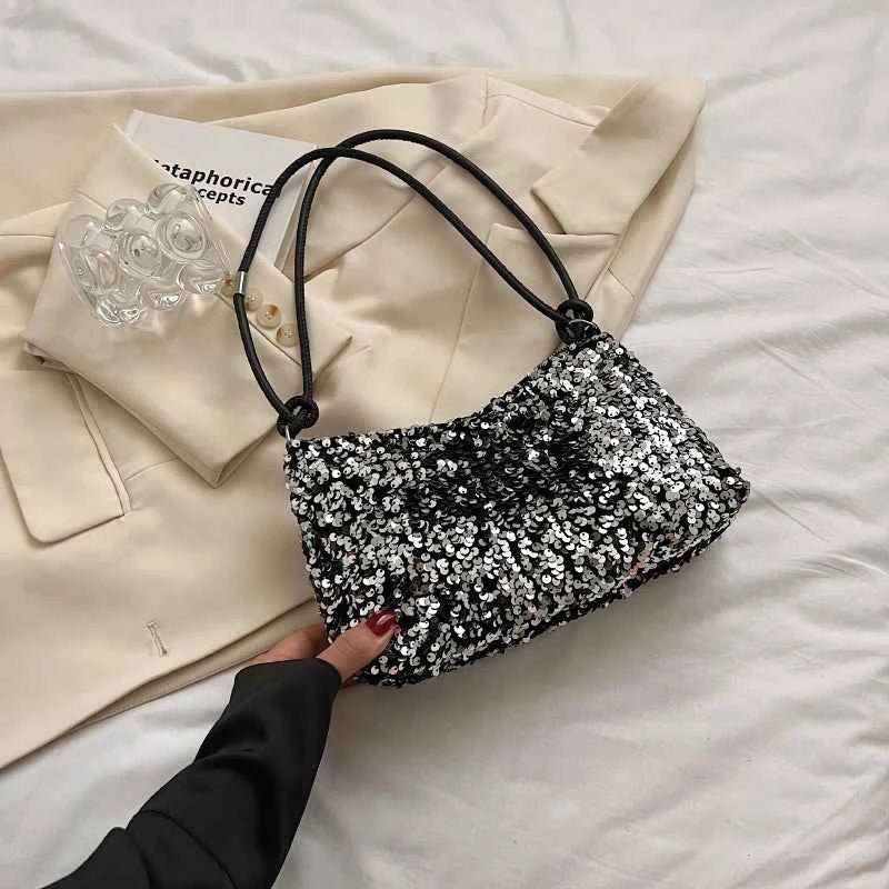 Elegant Sequin Shoulder Bag - Black/Silver Party & Evening