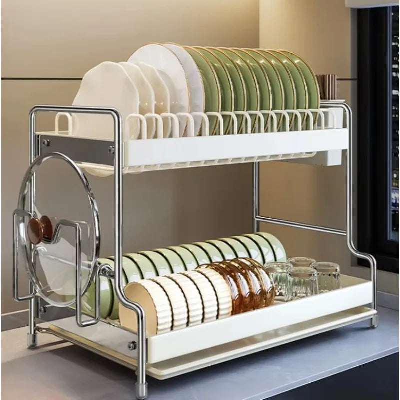 Modern Kitchen Dish Rack - 2-layer milk white metal tableware organizer