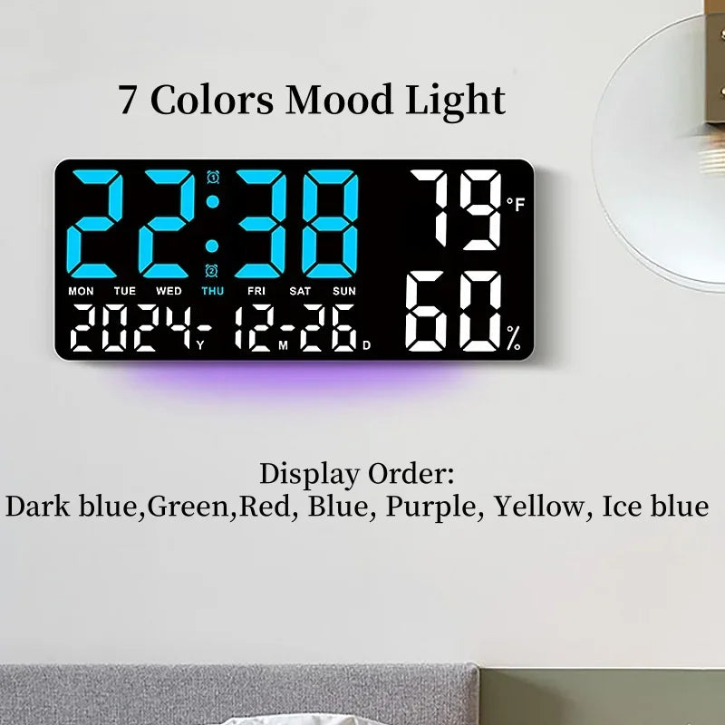 Premium Large Digital Wall Clock - 7-Color Mood Light & Dual Alarm
