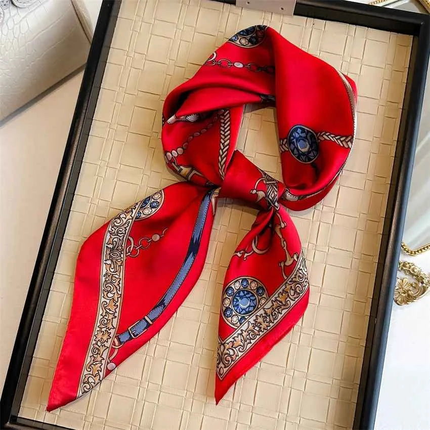 Luxury Red Chain Print Small Square Scarf - Simulated Silk