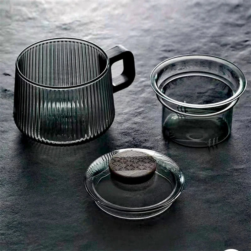 Premium Striped Glass Tea Mug - Wooden Handle & Separator