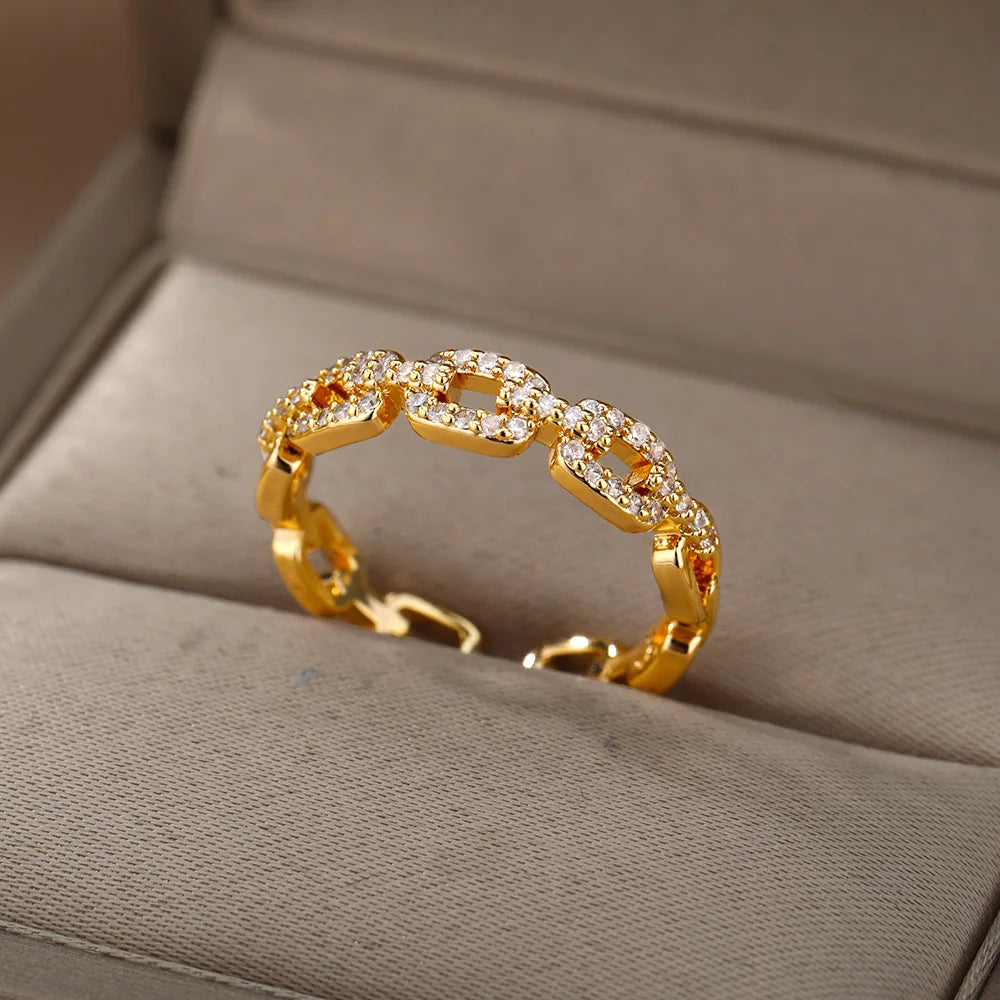 Luxury Gold Zircon Geometric Ring - Stainless Steel Aesthetic Jewelry