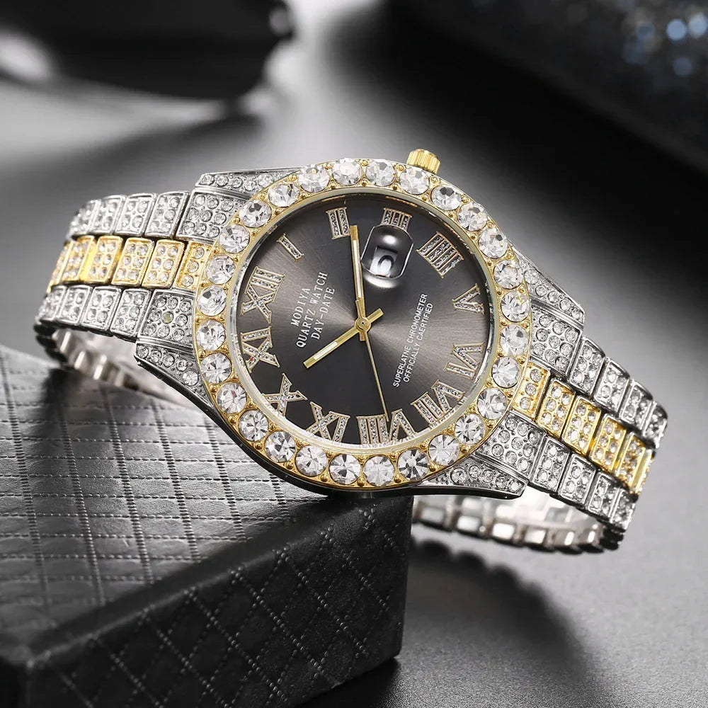 Luxury Gold Quartz Watch - Diamond Rhinestone Calendar