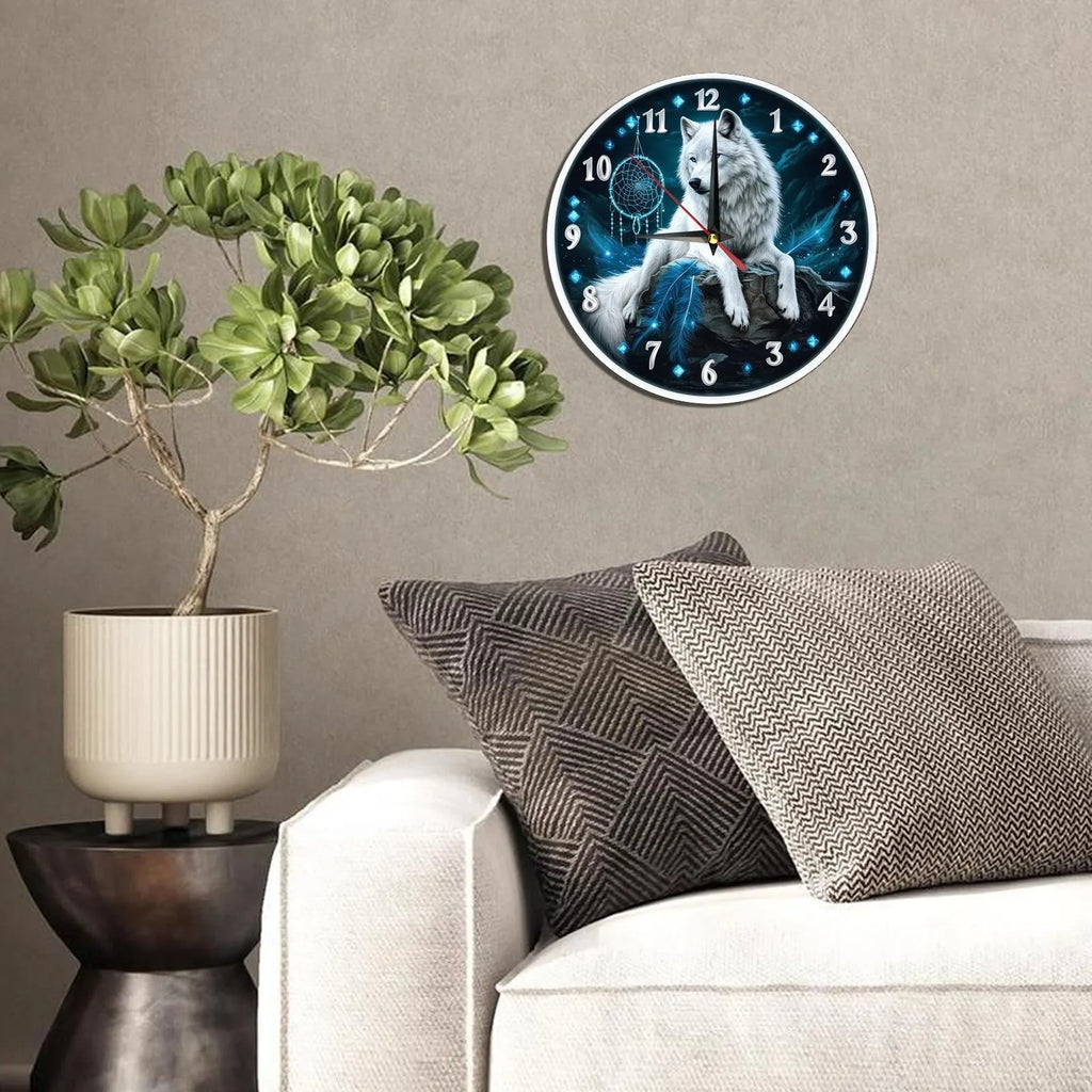 Elegant White Wolf Dreamcatcher Clock - Modern Wooden Wall Decor