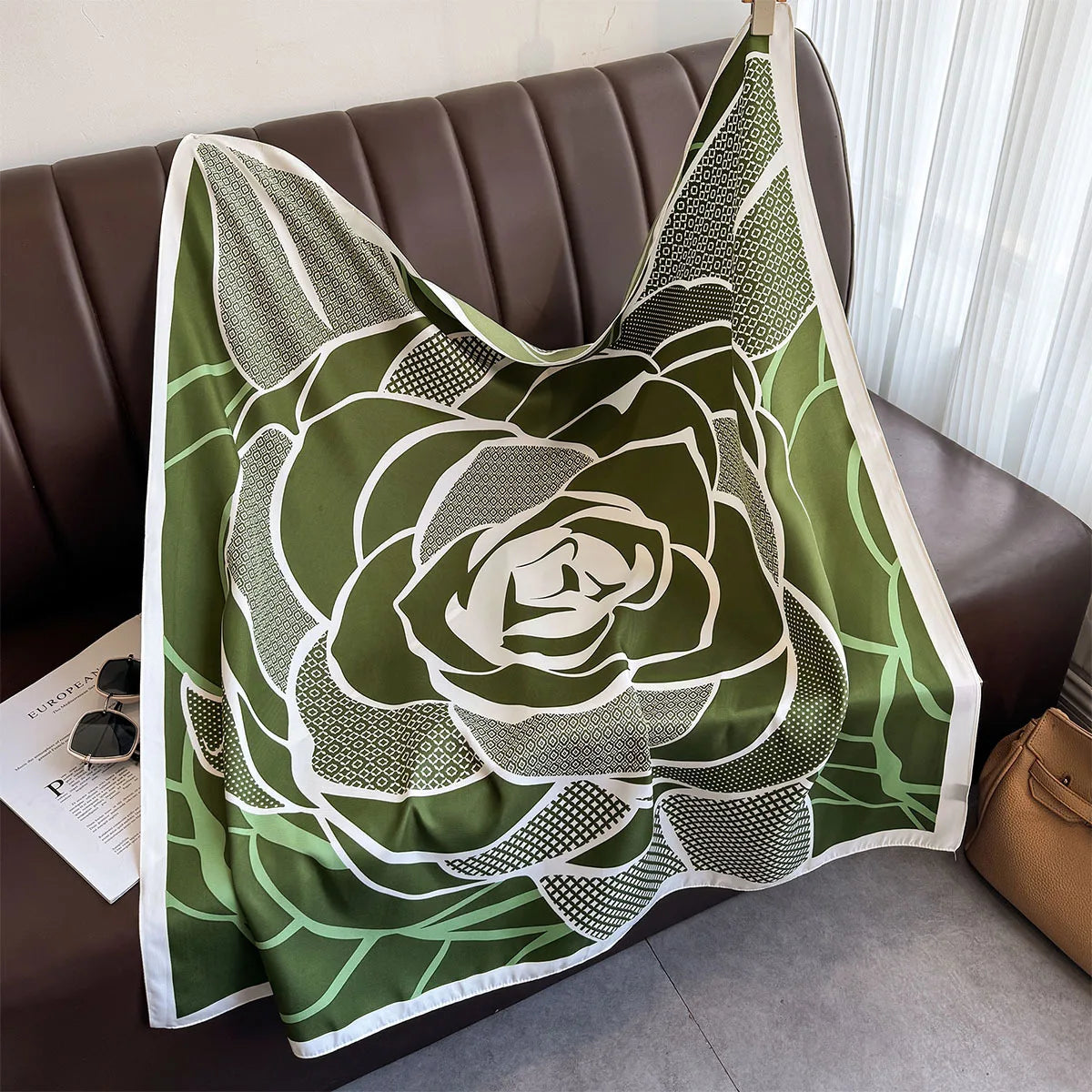 Luxury Square Silk Scarf - Elegant Tree Print Neck Shawl
