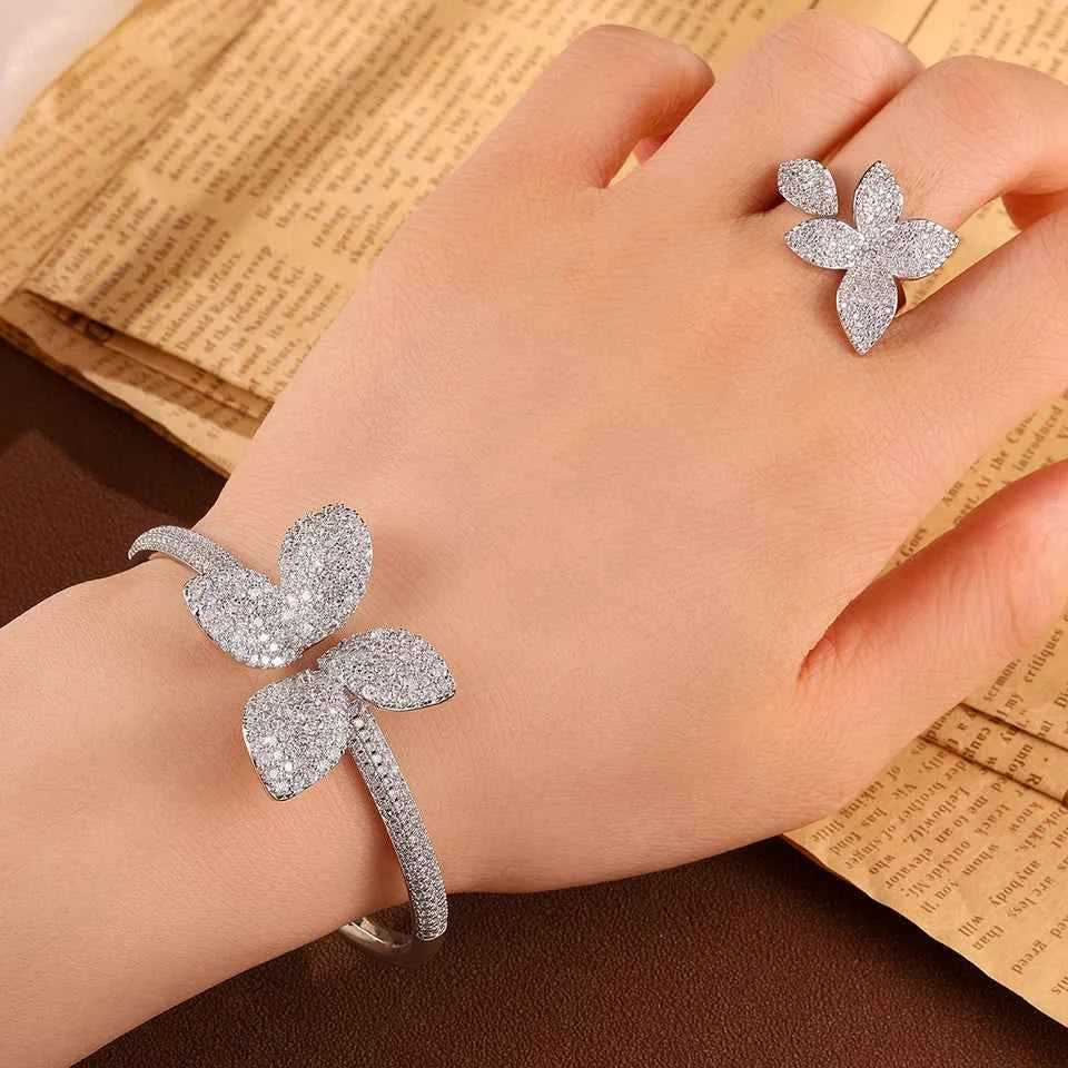Elegant Flower Zircon Jewelry Set - Bracelet & Ring