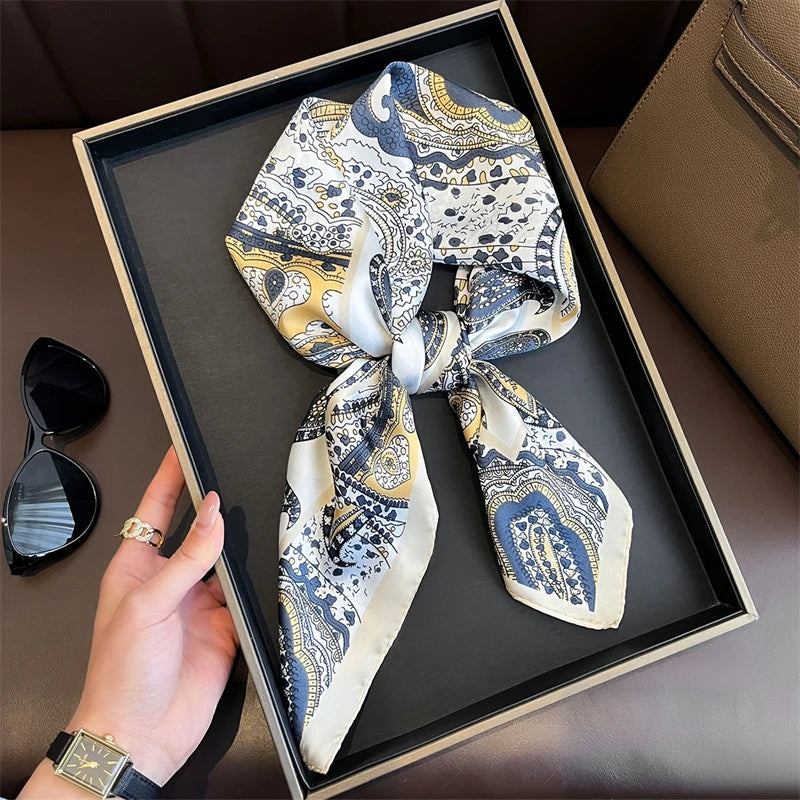 Elegant Bohemian Silk Square Scarf - Floral Satin Neck Scarf