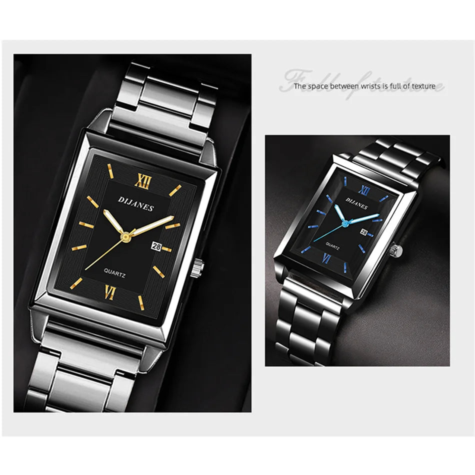 Elegant Men's Rectangle Watch - Stainless Steel Quartz