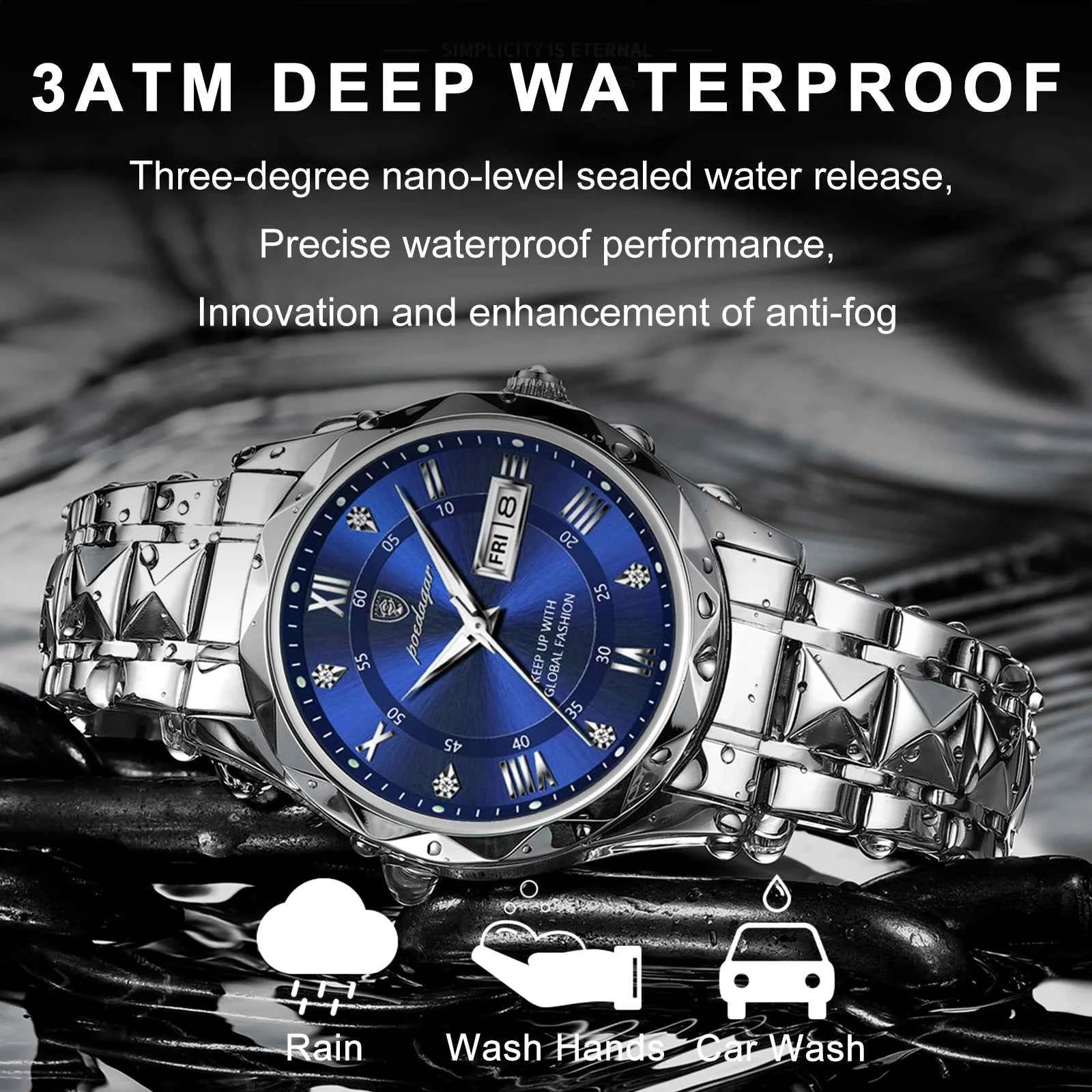 POEDAGAR Luxury Fashion Men's Quartz Watches Date Week Stainless Steel Watch For Man Waterproof Luminous High Quality Men Watch