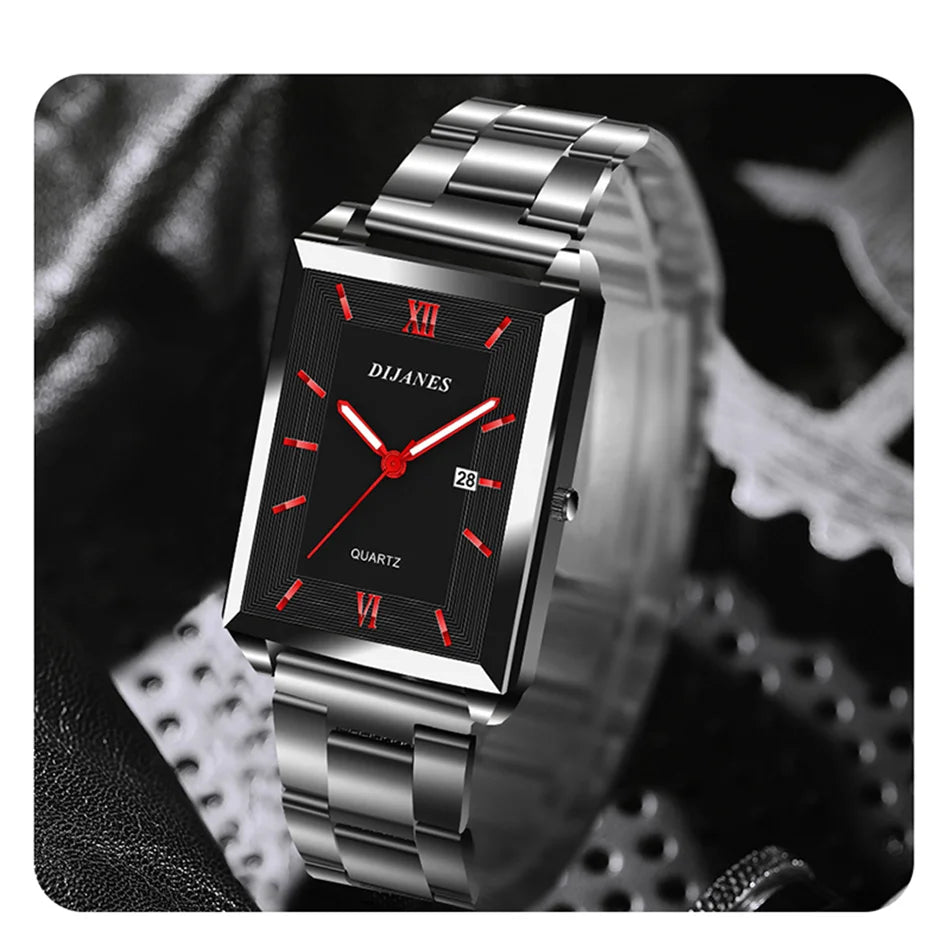 Elegant Men's Rectangle Watch - Stainless Steel Quartz