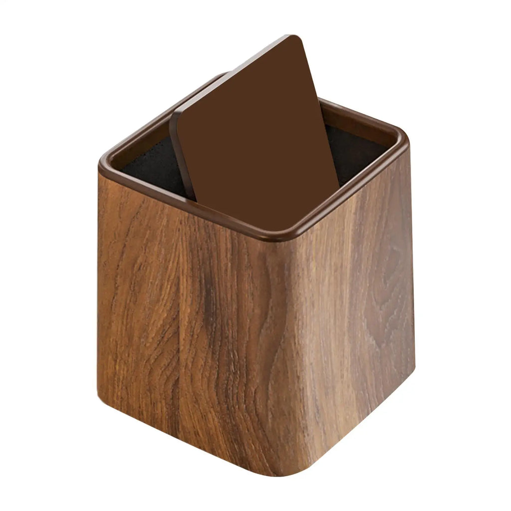 Small desk trash can - retro wood grain design with a square shape and lid