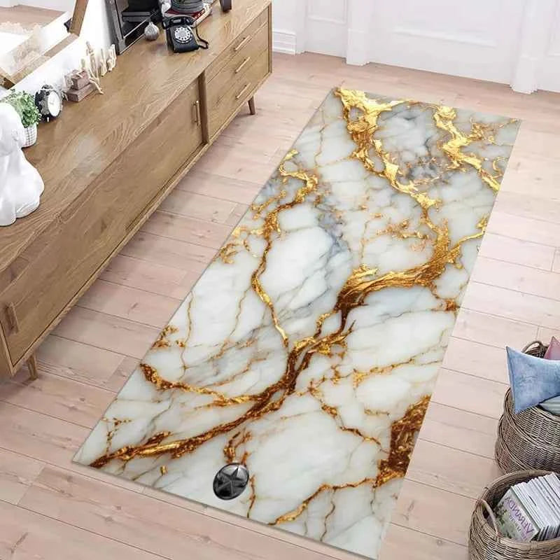 Luxury White Gold Marble Print Runner Rug - Soft & Non-Slip