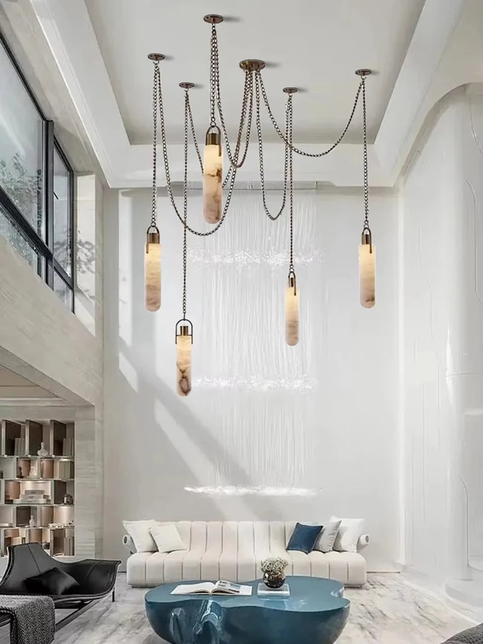 Luxury Marble Pendant Chandelier – Premium Solid Brass Multi-Light Ceiling Lamp for Living Room, Dining Area, Loft & Staircase Decor - Tulique