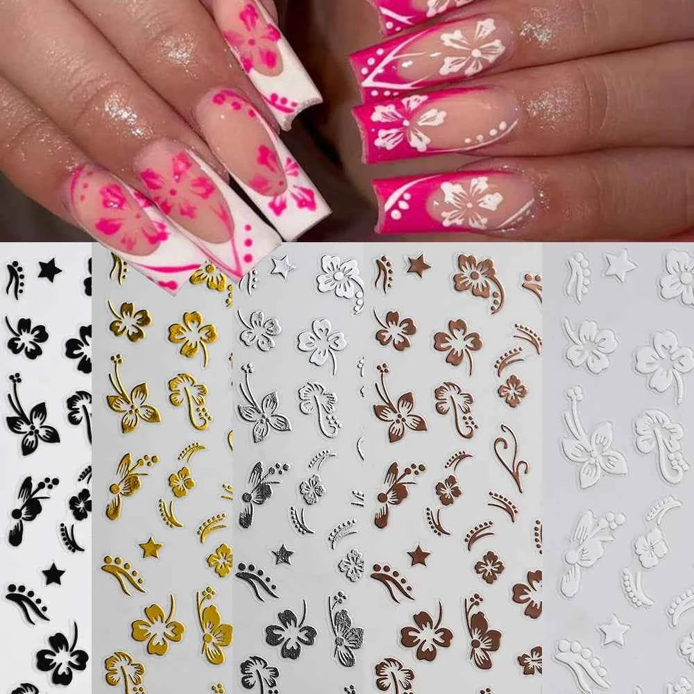 Luxury Bronzing Hibiscus Nail Stickers - Gold & Silver Floral Decals