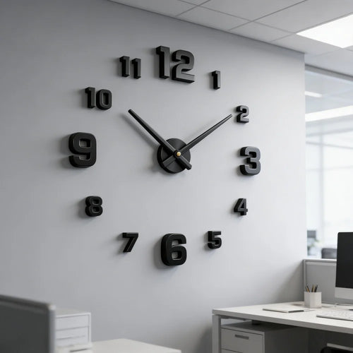 Modern Large Wall Clock - Luminous 3D DIY quartz clock with black numbers on a white wall