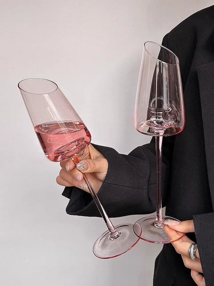 Elegant Pink Vintage Wine Glass - Slanted Mouth Design