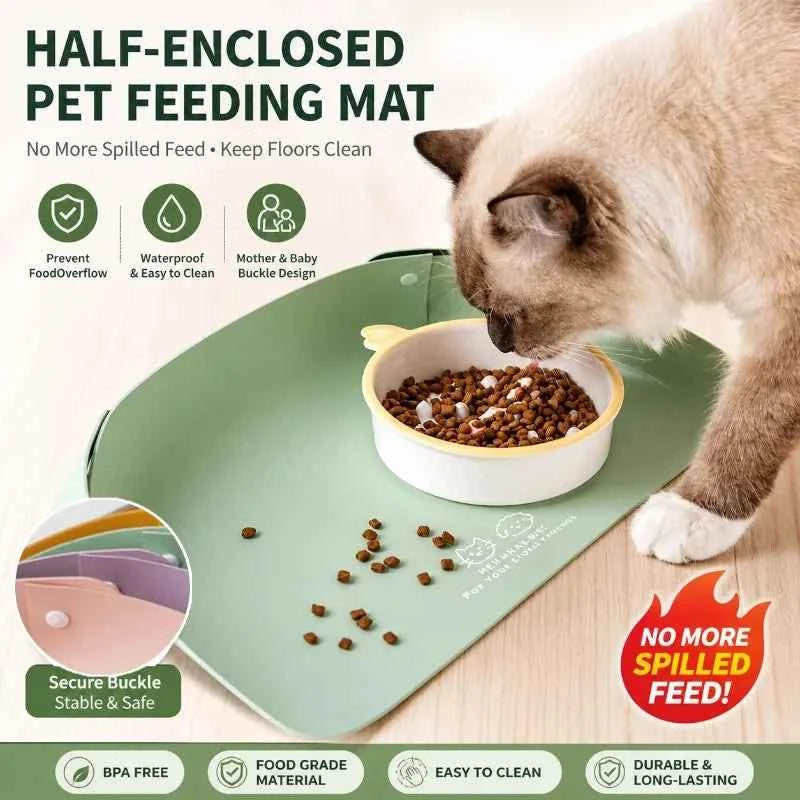 Waterproof Pet Feeding Mat - beige PU leather, anti-spill, non-slip, with cat and dog bowls