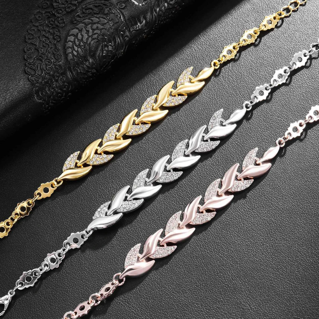 Elegant Crystal Wedding Bracelet - Braided Leaf Charm Design