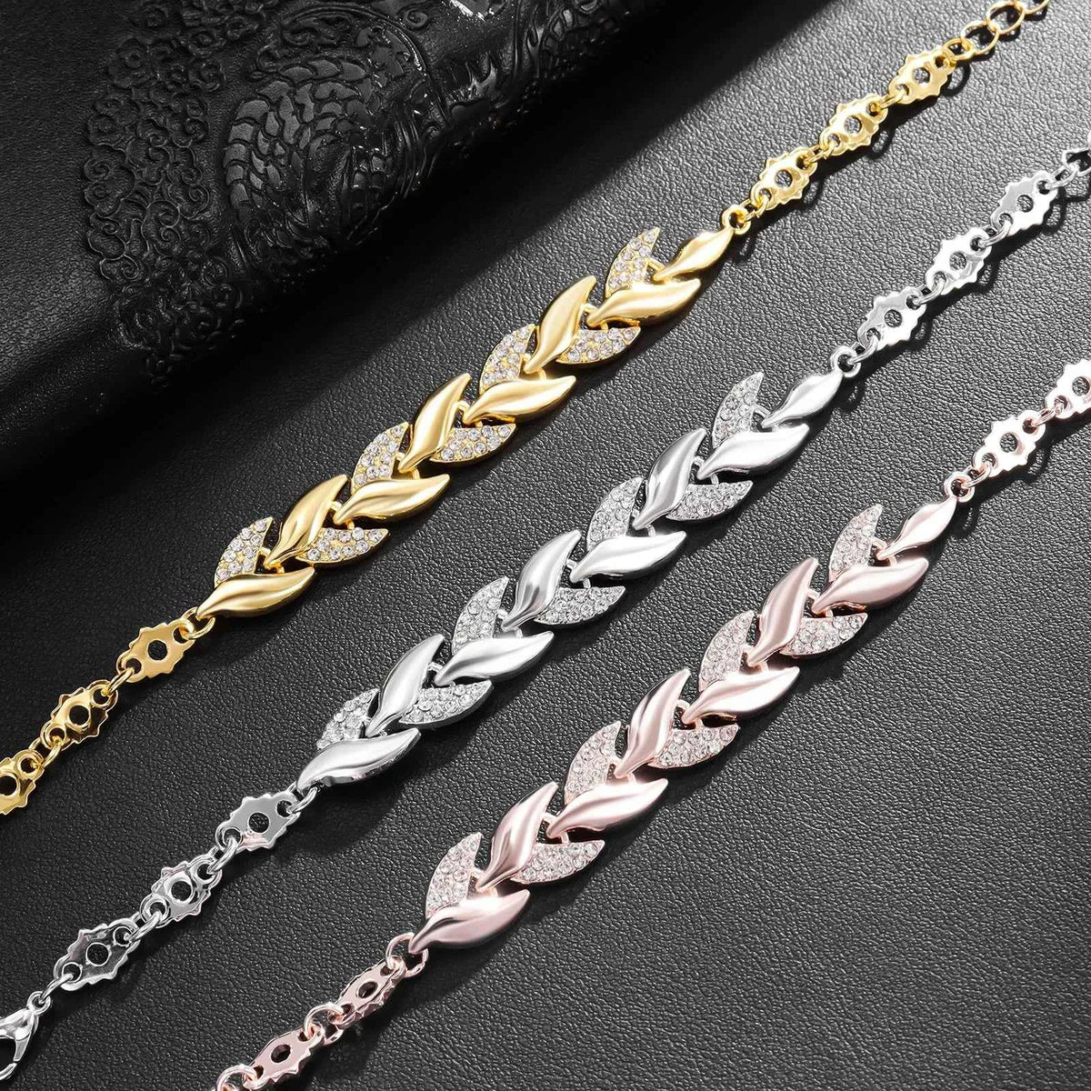 Elegant Crystal Wedding Bracelet - Braided Leaf Charm Design
