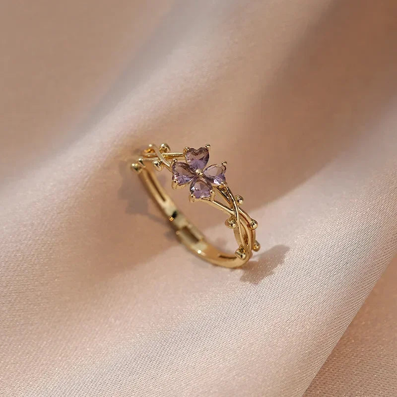 Exquisite Purple Crystal Flower Adjustable Ring - Gold Stainless Steel