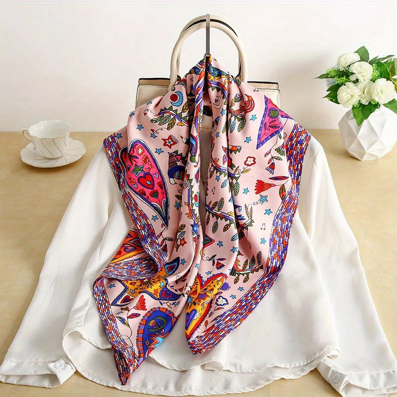 Luxury Square Silk Scarf - Elegant Tree Print Neck Shawl