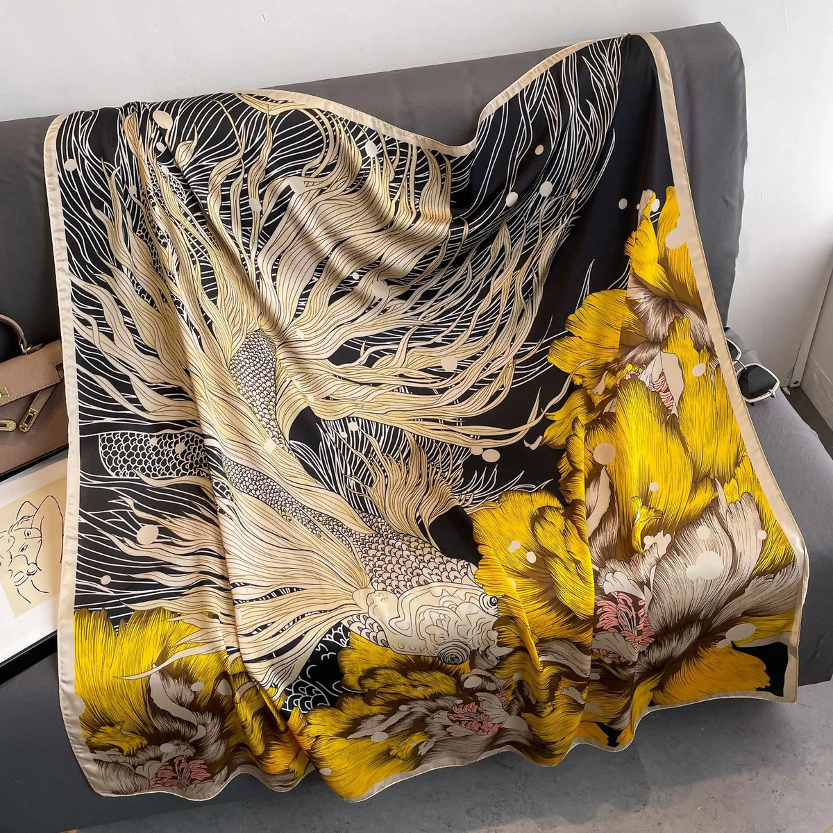 Luxury Horse Print Square Scarf - Vintage Silk Feel Shawl