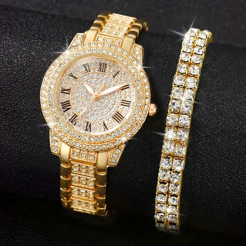 Elegant Diamond Roman Quartz Watch & Bracelet Set