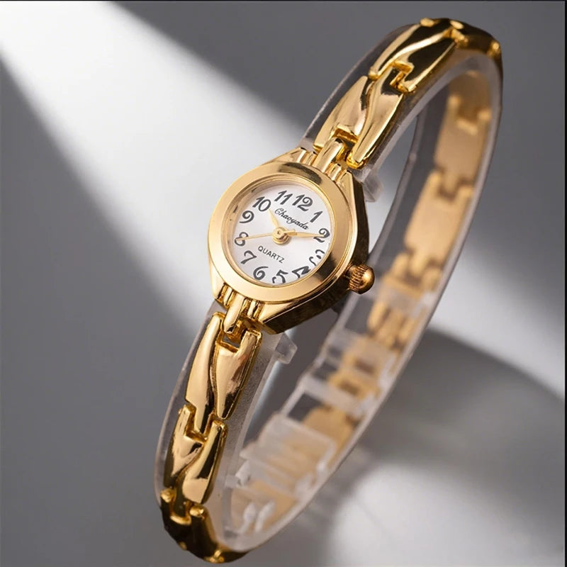 Gold Plated Ladies Watch - elegant small women's bracelet watch with a round gold dial