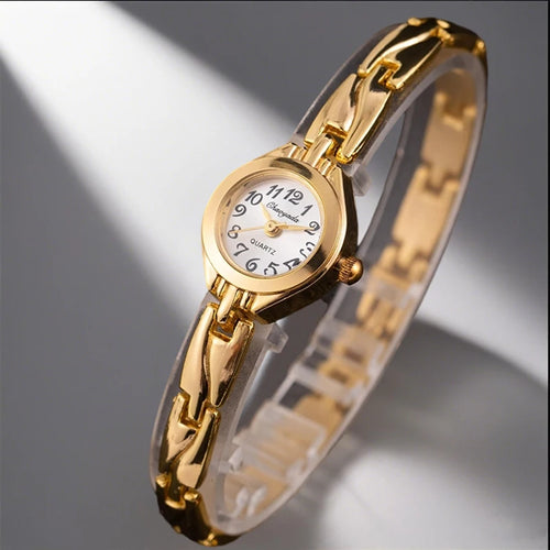 Gold Plated Ladies Watch - elegant small women's bracelet watch with a round gold dial