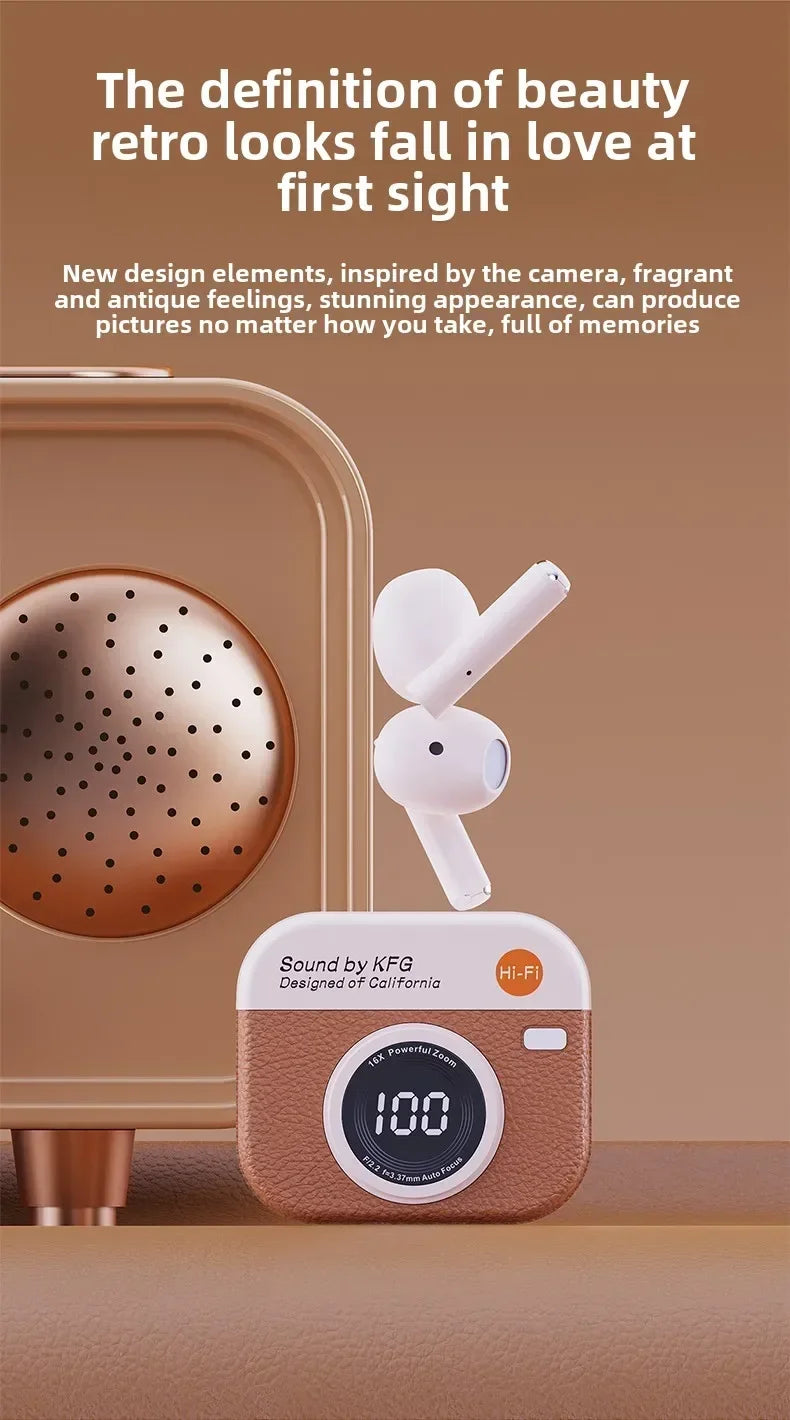 Retro Camera Wireless Sports Headphones - Sweatproof & Long Battery