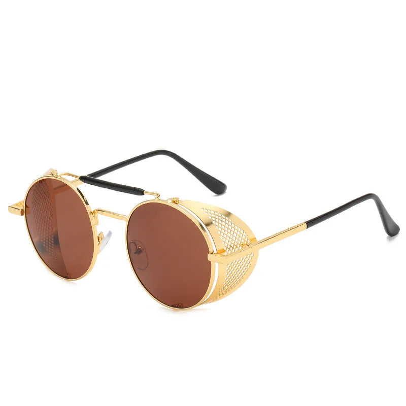 Retro Round Metal Steampunk Flip Sunglasses - UV Resistant