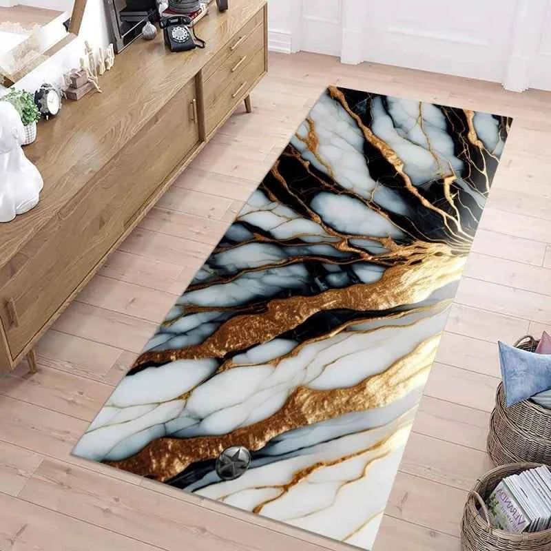 Luxury White Gold Marble Print Runner Rug - Soft & Non-Slip