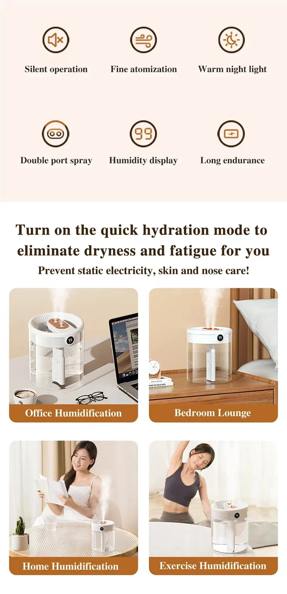 Elegant Bedroom Humidifier - Quiet USB Misting
