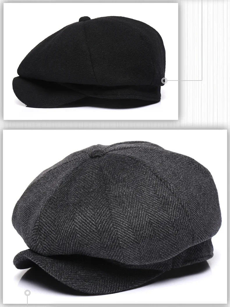 Premium Winter Wool Cap - Thickened Tweed Newsboy Style