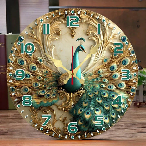 Peacock Wooden Wall Clock - Elegant round wooden clock with peacock design