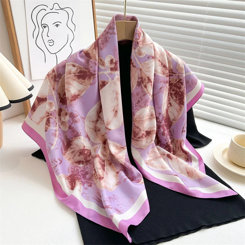 Luxury Square Silk Scarf - Elegant Tree Print Neck Shawl