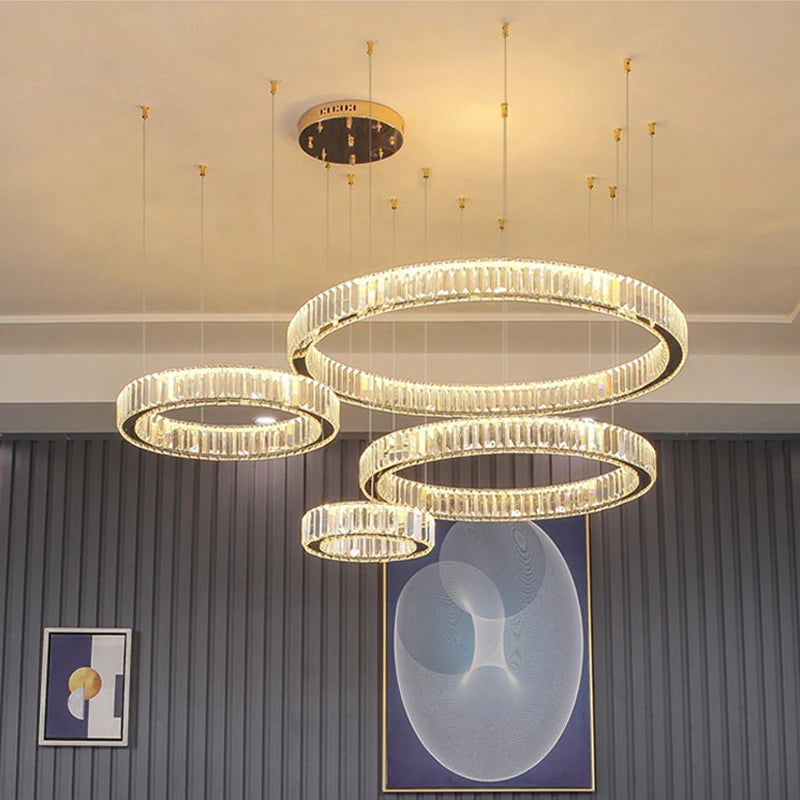 Crystal ring chandelier - elegant modern design with polished steel and crystal rings