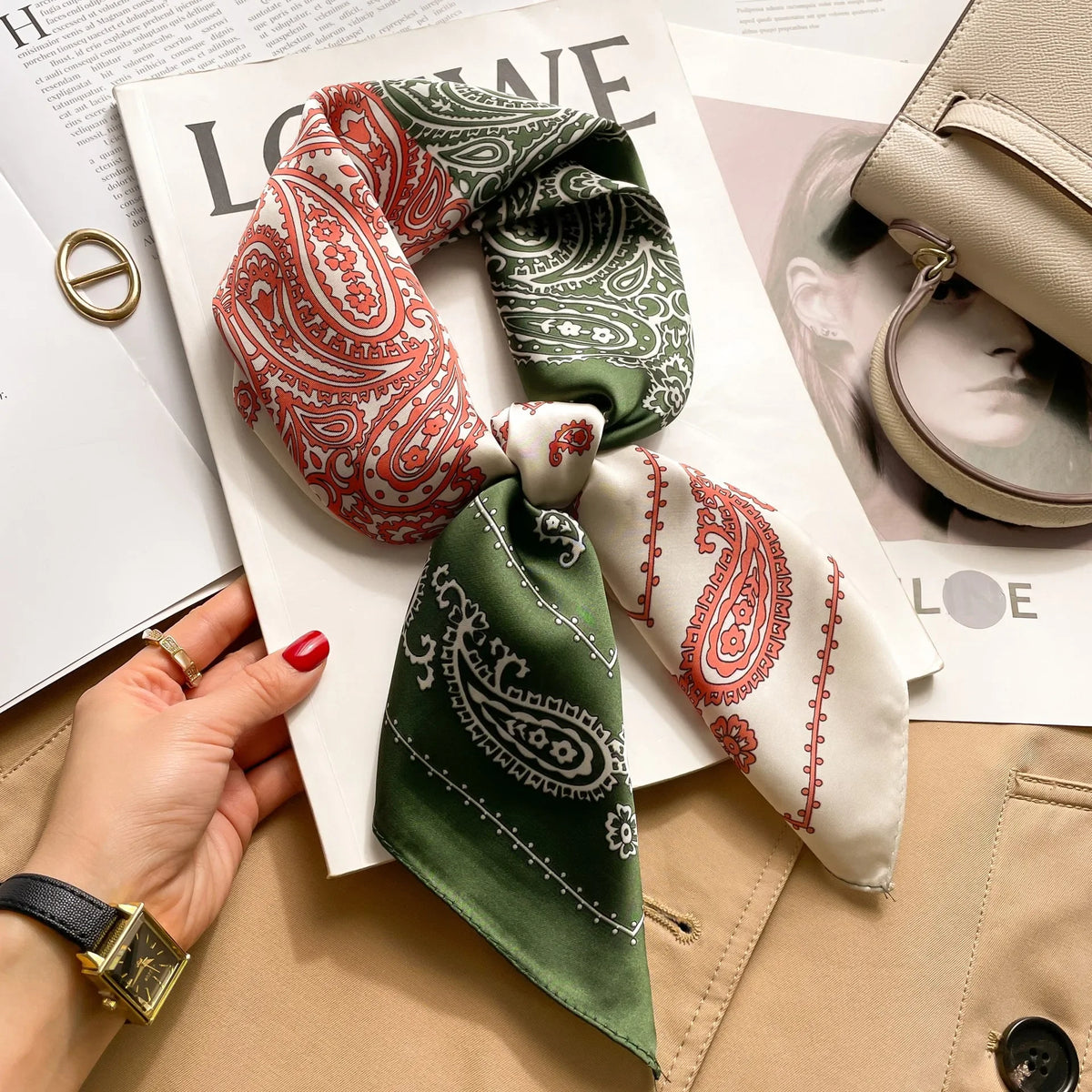 Luxury Silk Square Scarf - Elegant Designer Neckerchief & Purse Accessory