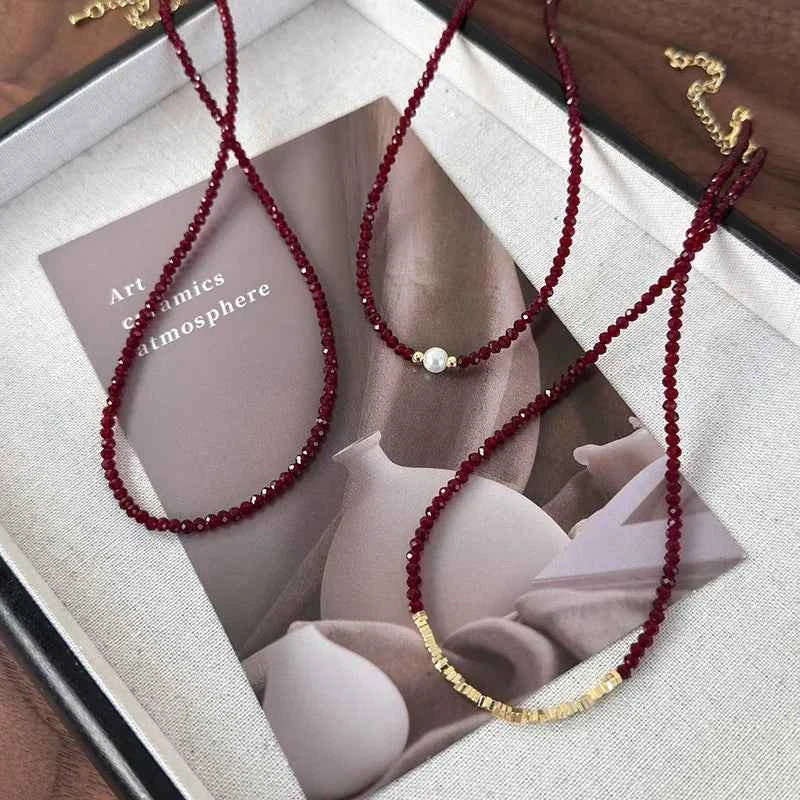 Elegant Red Pearl Glass Bead Necklace - Luxury Collarbone Chain