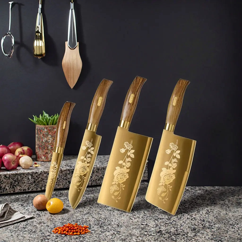 Luxury 4-Piece Chef Knife Set - Golden Rose Pattern Stainless Steel