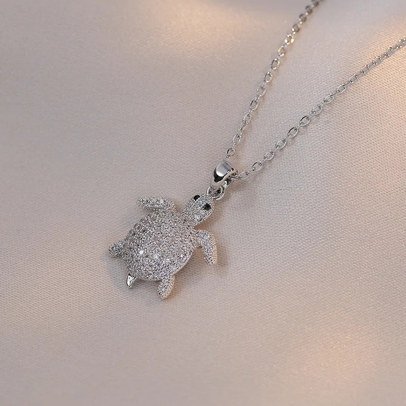 Elegant Crystal Turtle Pendant Necklace - Vintage Gold & Silver Chain