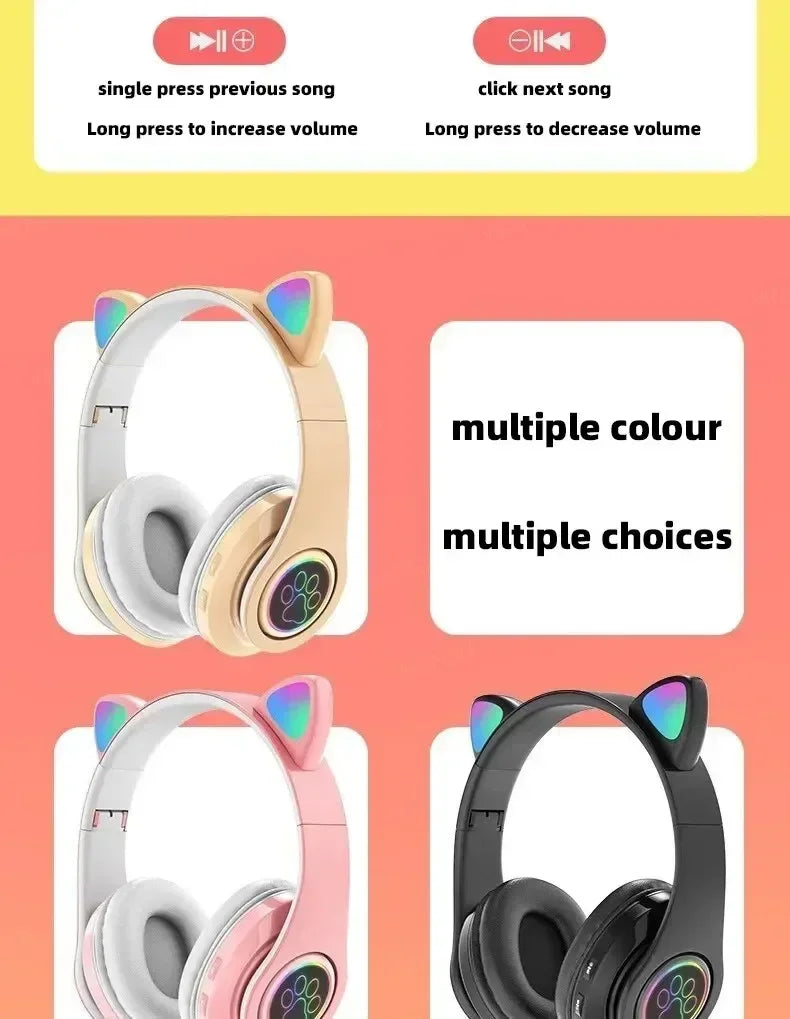 Premium Cat Ear Bluetooth Headphones - LED Stereo & Mic