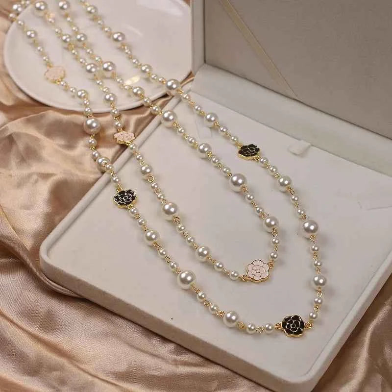 Elegant Long Pearl Necklace - Multilayer Camellia Flower Design
