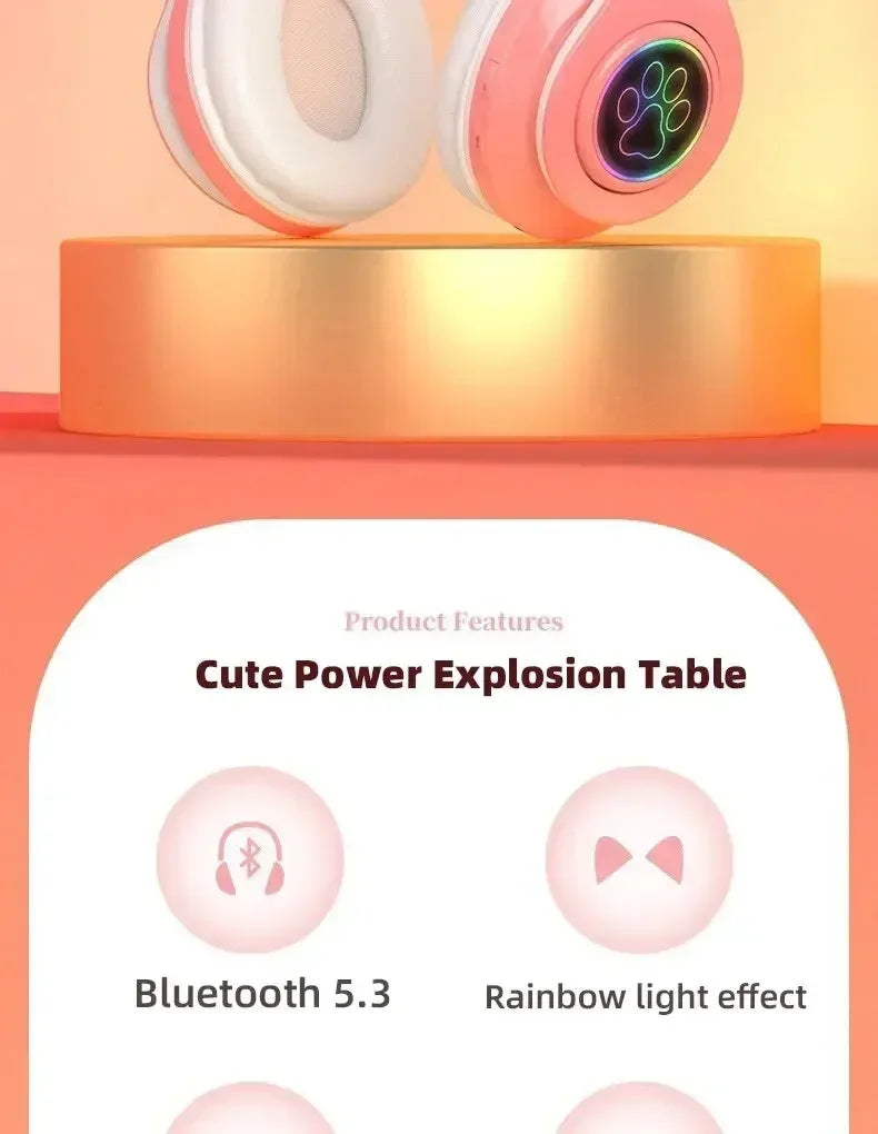 Premium Cat Ear Bluetooth Headphones - LED Stereo & Mic