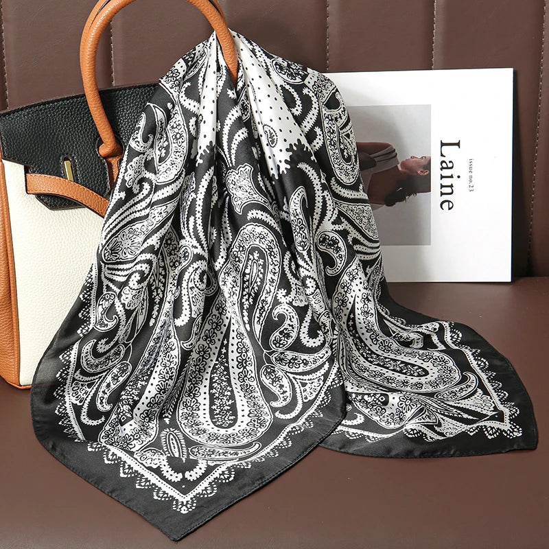 Elegant Bohemian Silk Square Scarf - Floral Satin Neck Scarf
