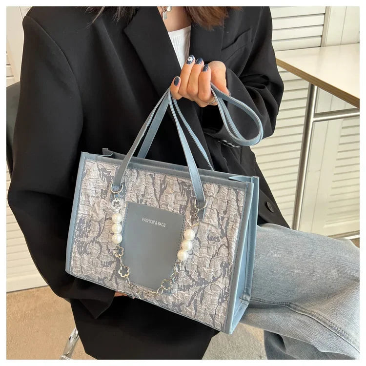 Elegant Large Capacity Tote Bag with Pearl Chain
