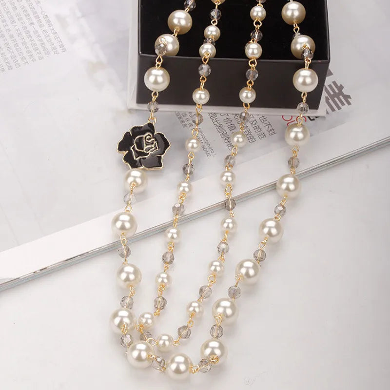 Elegant Long Pearl Necklace - Multilayer Camellia Flower Design