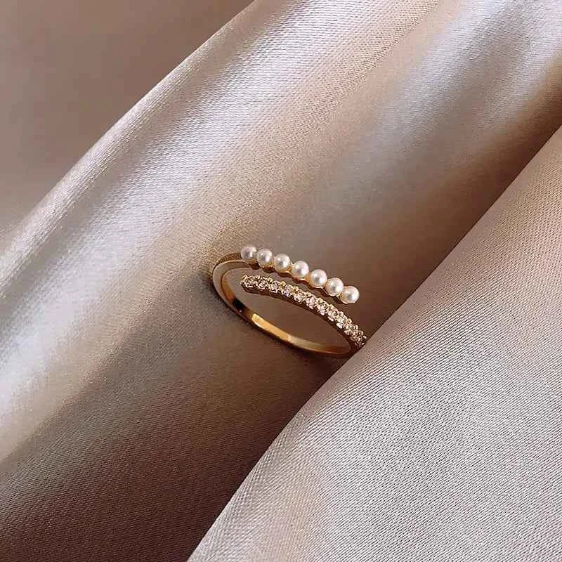 Elegant Gold Pearl Open Ring - Dainty Rhinestone Stacking Jewelry