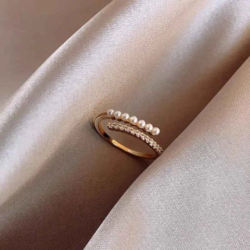 Elegant Gold Pearl Open Ring - Dainty Rhinestone Stacking Jewelry