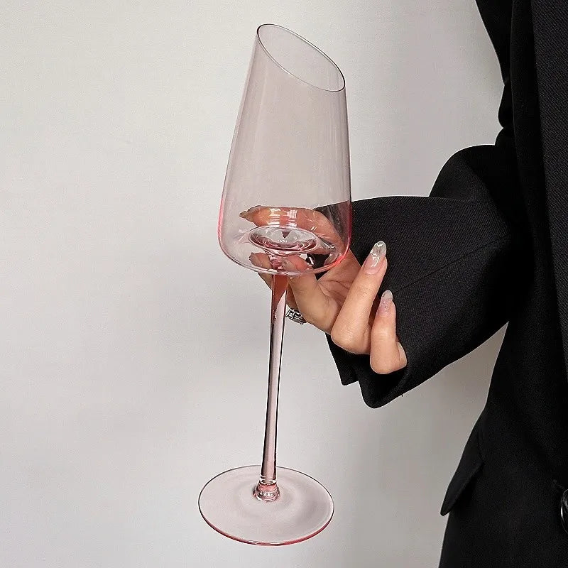Pink vintage wine glass - elegant slanted mouth design with high foot